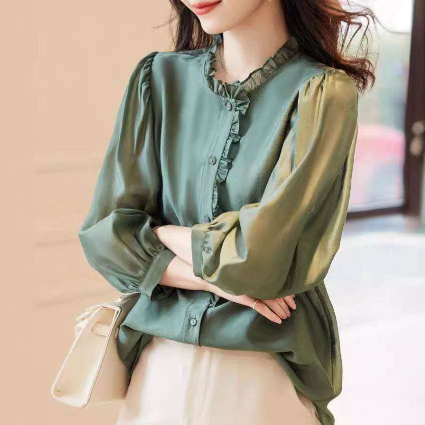 Nine-quarter Sleeve Shirt Women's Puff Sleeve Thin Solid Color Top