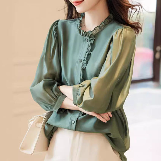 Nine-quarter Sleeve Shirt Women's Puff Sleeve Thin Solid Color Top