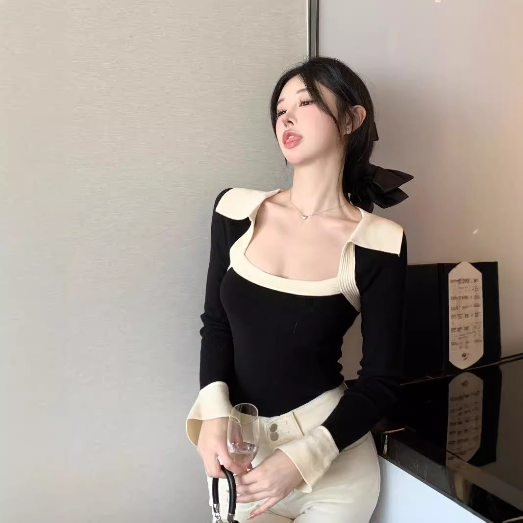 Women's Contrast Color Square Collar Long Sleeve Knitwear