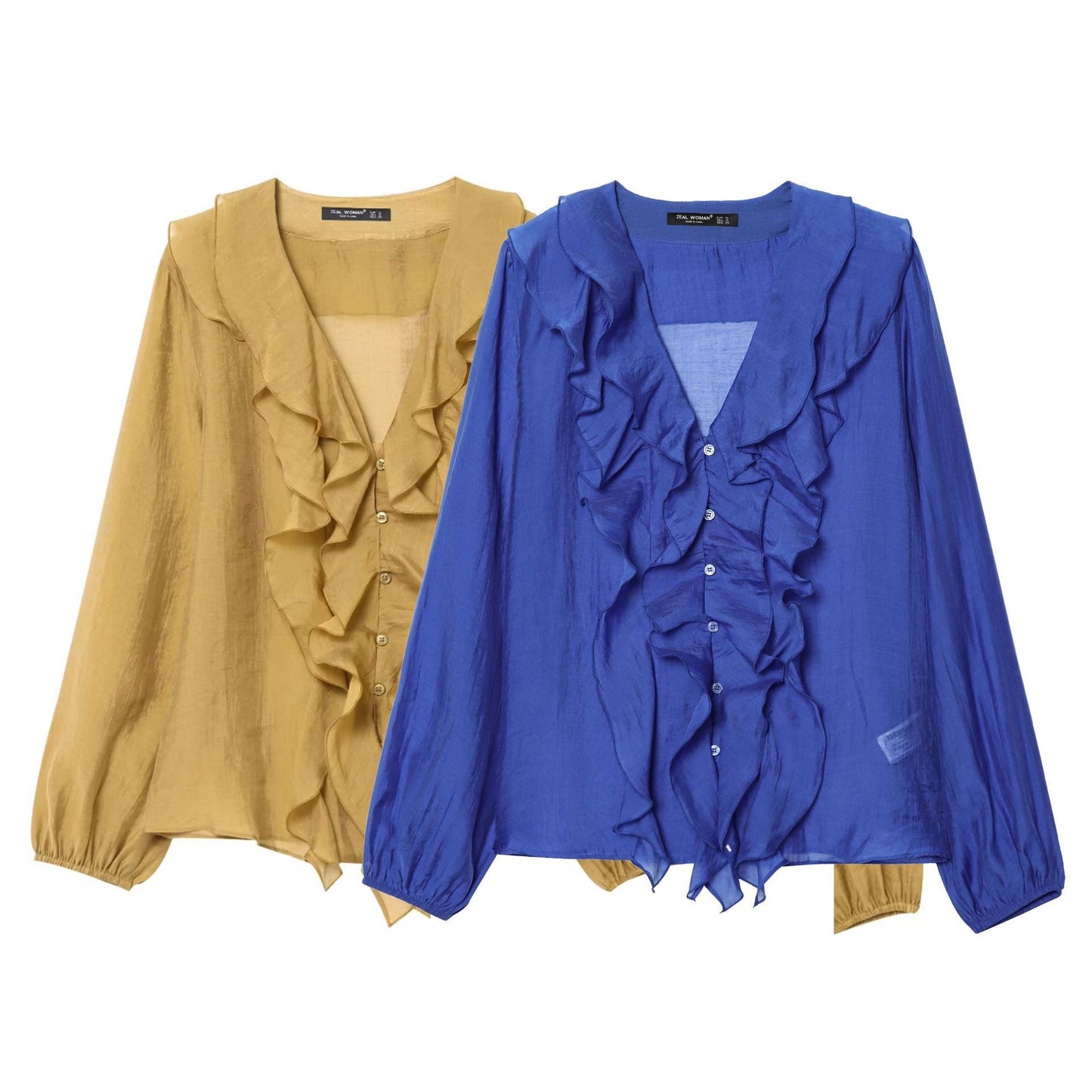 V-neck Laminated Ruffled Long Sleeve Casual Shirt