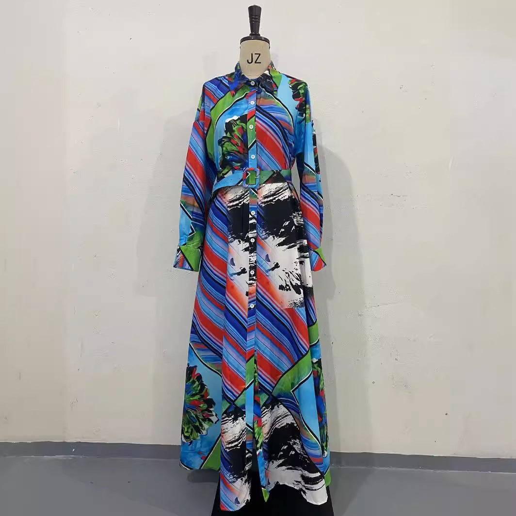 Printed Dress Long Sleeve Cardigan Belt Long Dress