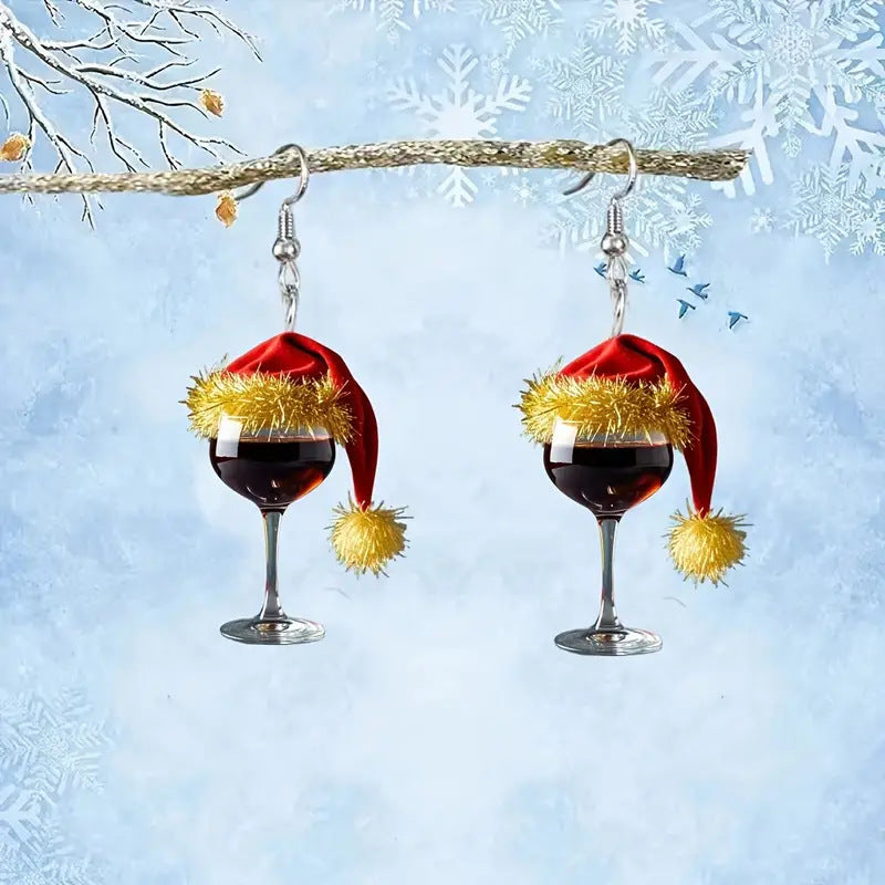 Christmas Hat Wine Glass Acrylic Earrings