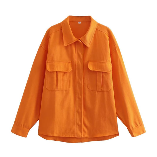 Oversized Loose Orange Imitation Denim Single-breasted Large Pocket Long Sleeve Women's Shirt