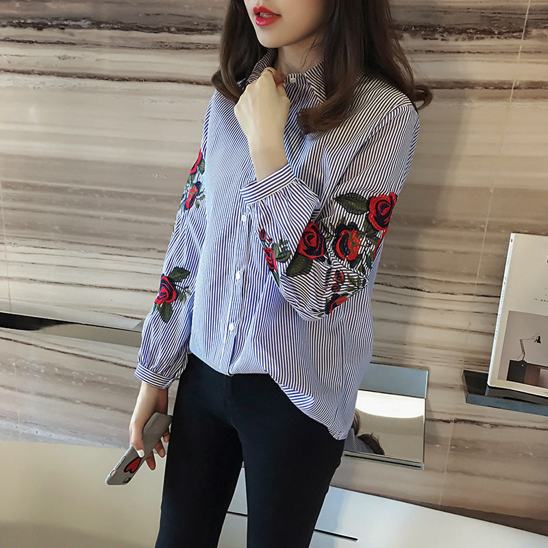 Striped Shirt Women's Long Sleeve Loose Flower Embroidered French Top