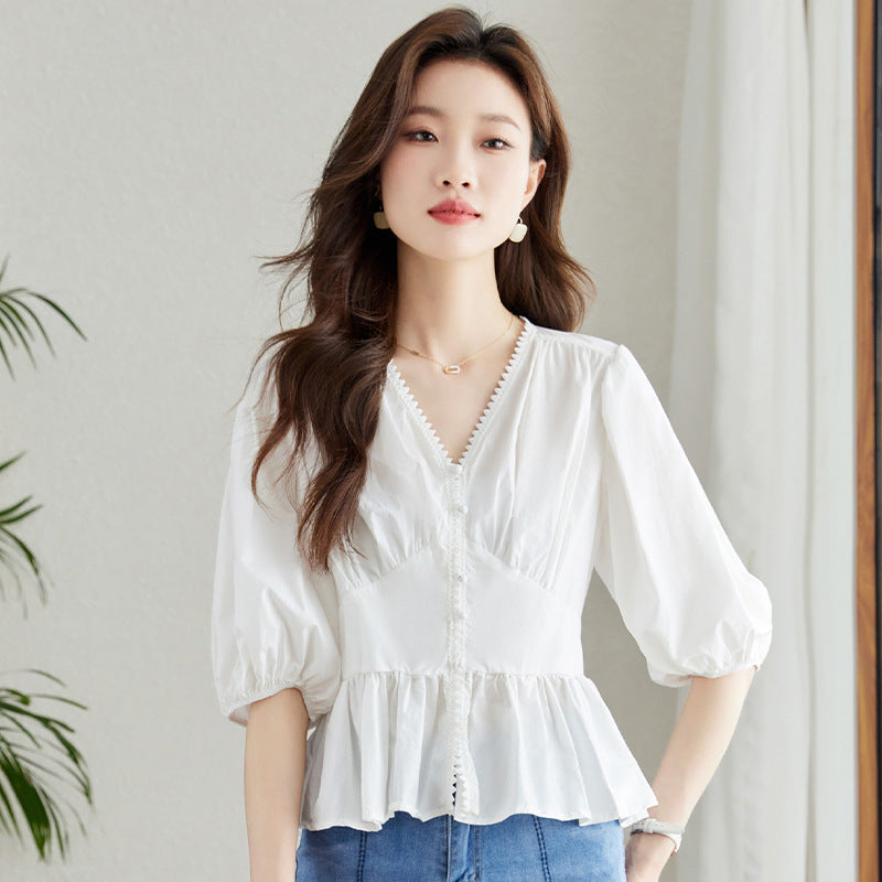 Short-sleeved Shirt Women's Summer Top Niche V-neck