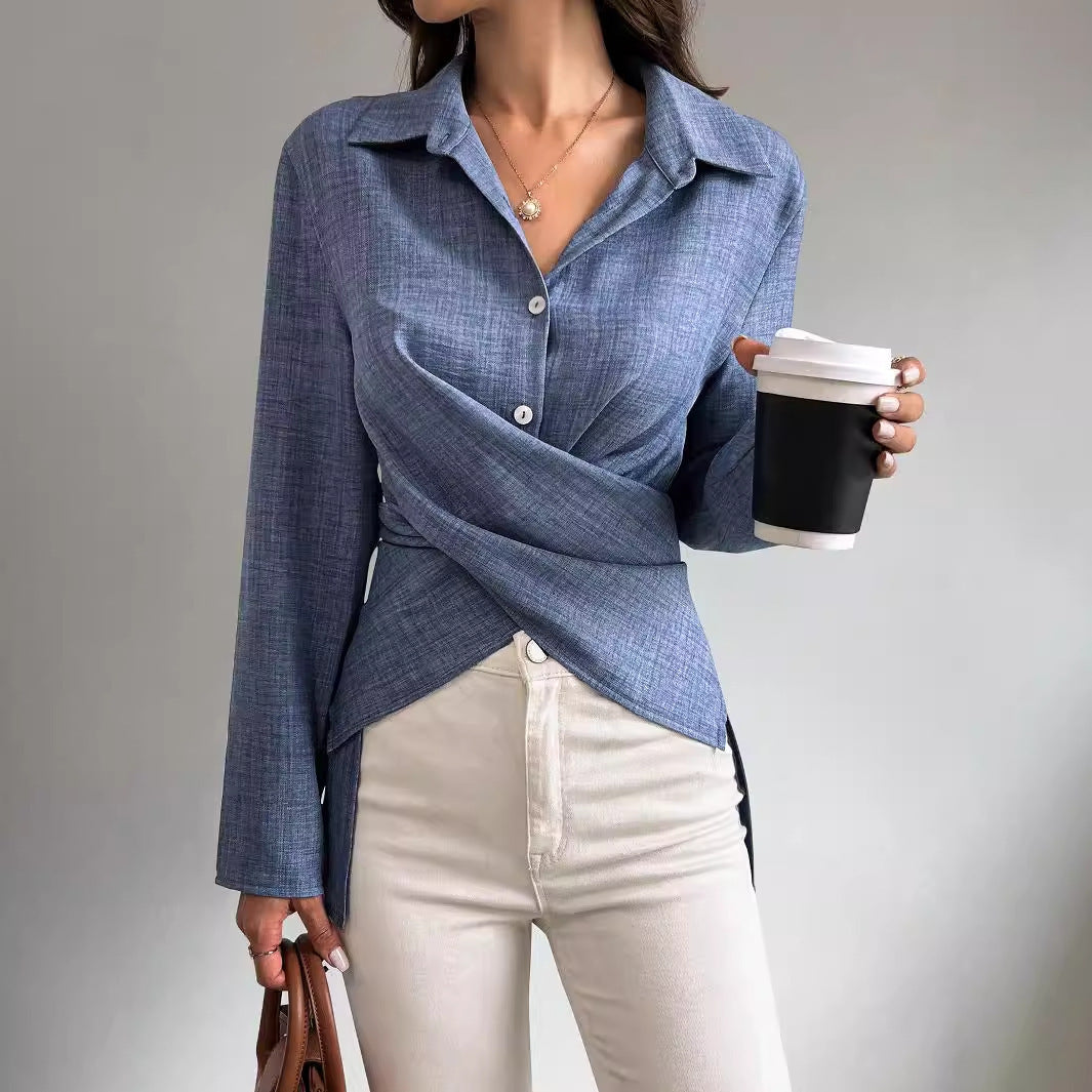Women's Long-sleeved Cross-tied Pleated Shirt