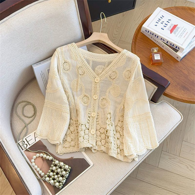 French Crochet Hollowed-out V-neck Lace Sweater