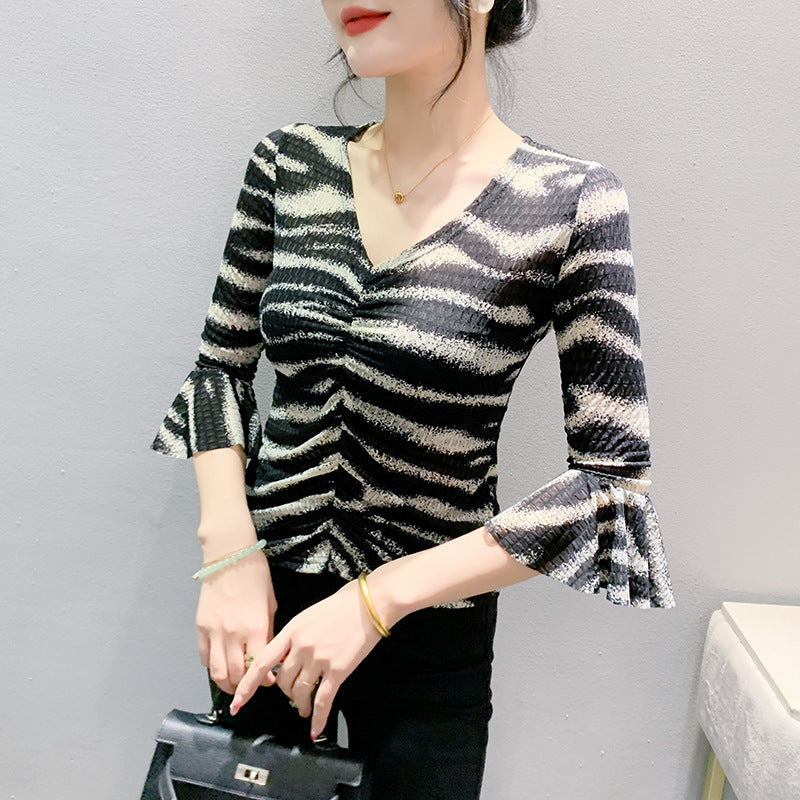 Korean Style Fashionable Printed Ruffle Sleeve Wrinkle-closing Slim Fit Small Shirt Top