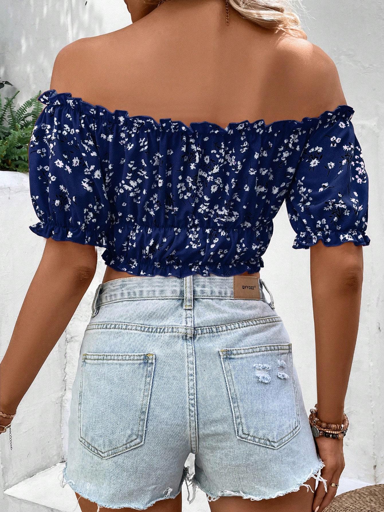 Women Vacation Style Casual Off-Shoulder Elastic Cropped Top With Floral Print