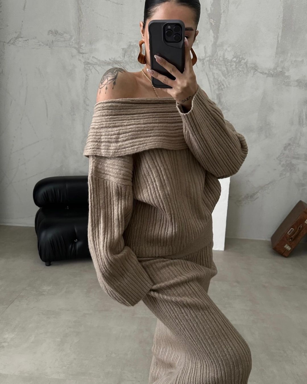 European And American Style Off-shoulder Slimming Loose Solid Color Knitted Sweater Two-piece Suit Long Sleeve