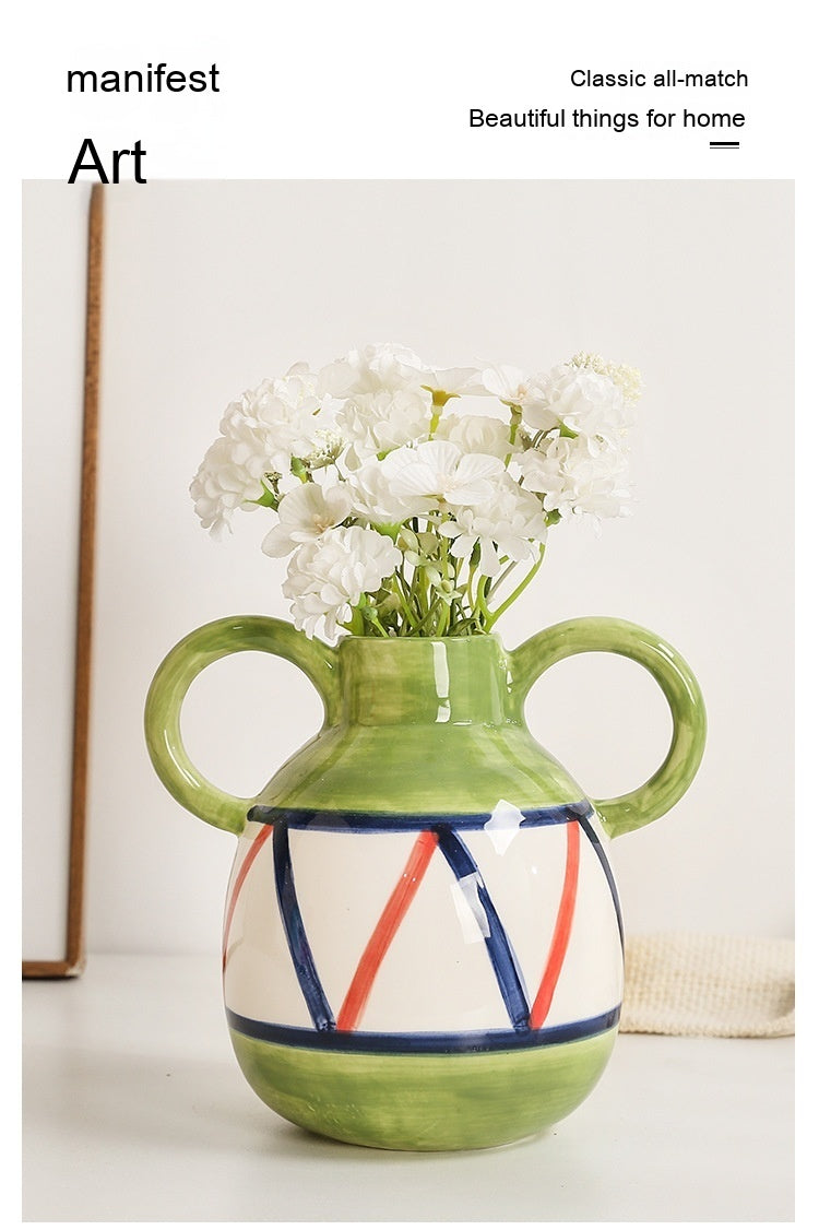 Striped Binaural Ceramic Vase Cute Smiling Face Decorative Decoration Pottery Pot