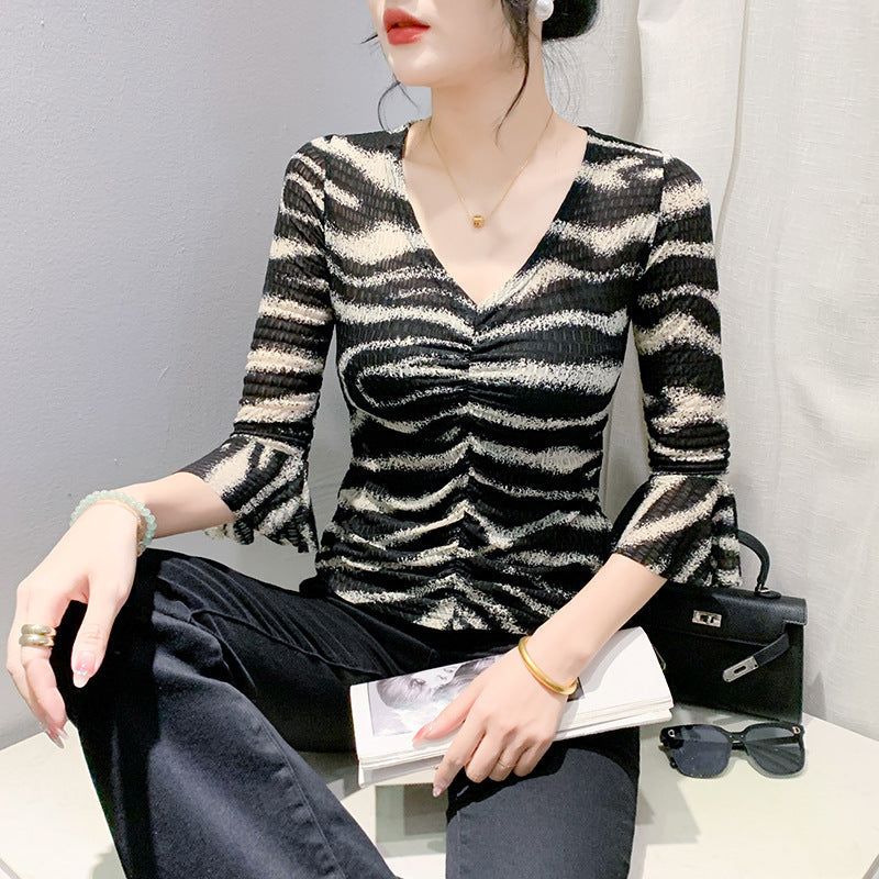 Korean Style Fashionable Printed Ruffle Sleeve Wrinkle-closing Slim Fit Small Shirt Top