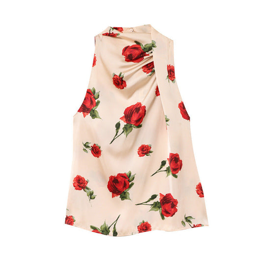 Straight Floral Print Backless Hanging Collar Satin Sleeveless Shirt