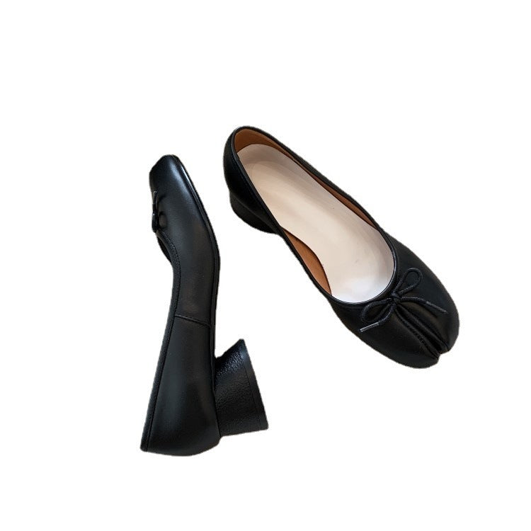 Pig's Hoof Toe Layer Cowhide Single Shoe With Thick Heel And Middle Heel