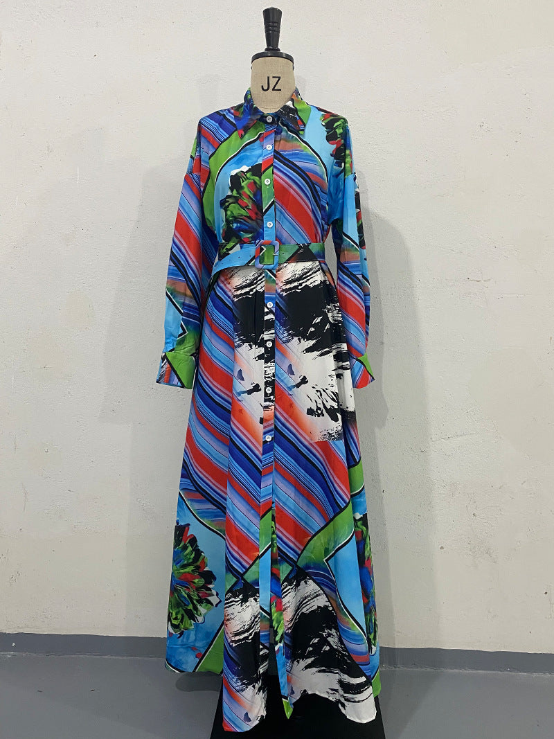 Printed Dress Long Sleeve Cardigan Belt Long Dress