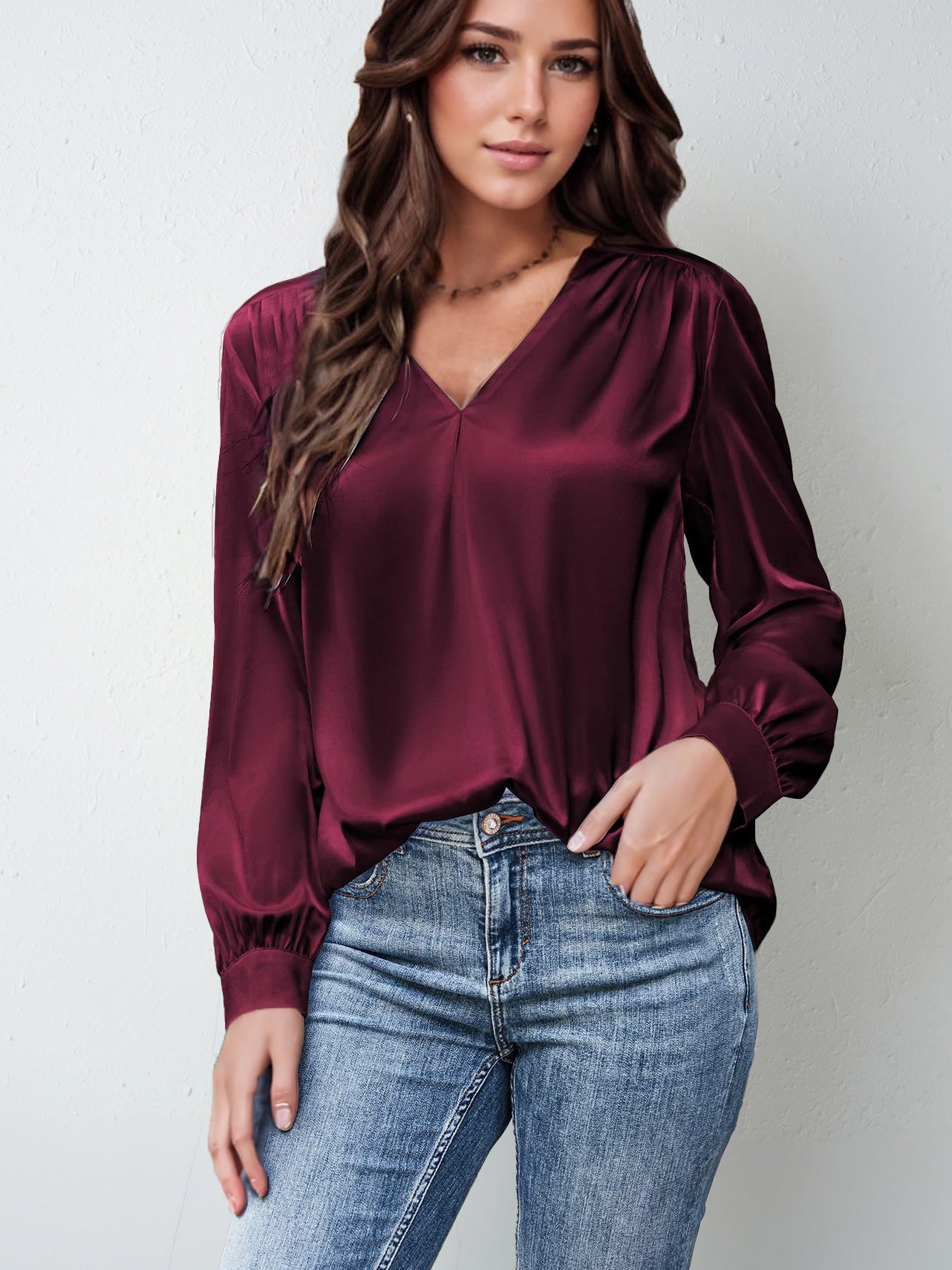 Satin Pleated Long-sleeved Top V-neck Casual Loose Shirt
