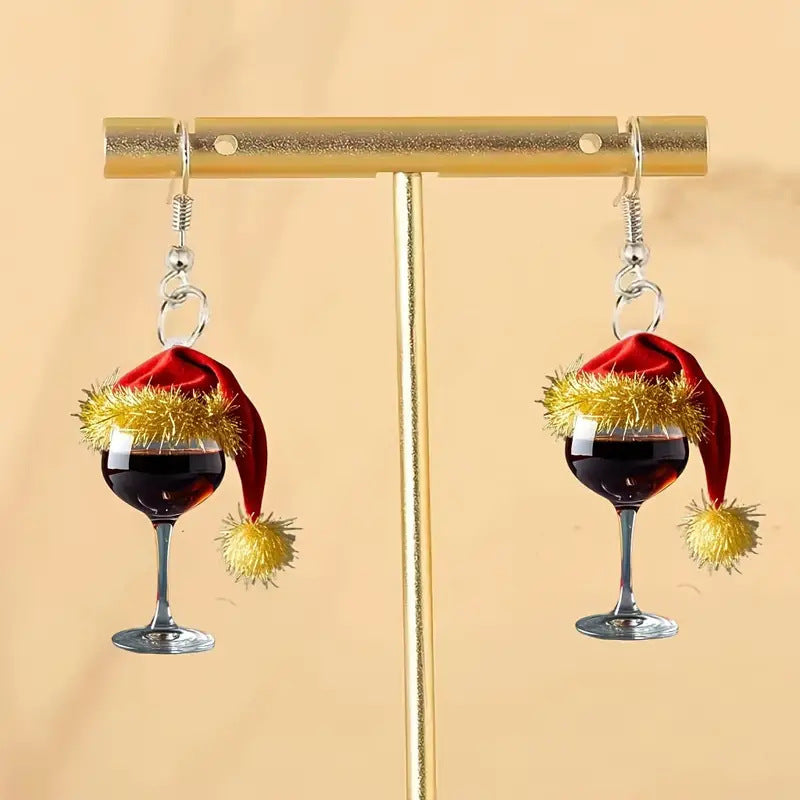 Christmas Hat Wine Glass Acrylic Earrings