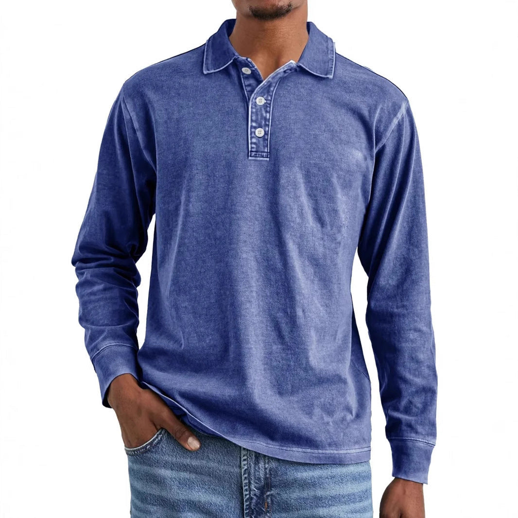 Retro Washed Distressed Cotton Lapel Long Sleeve Polo Shirt