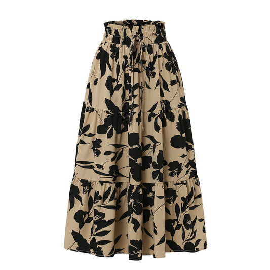 European And American Printed A- Line Skirt Pleated Skirt Women