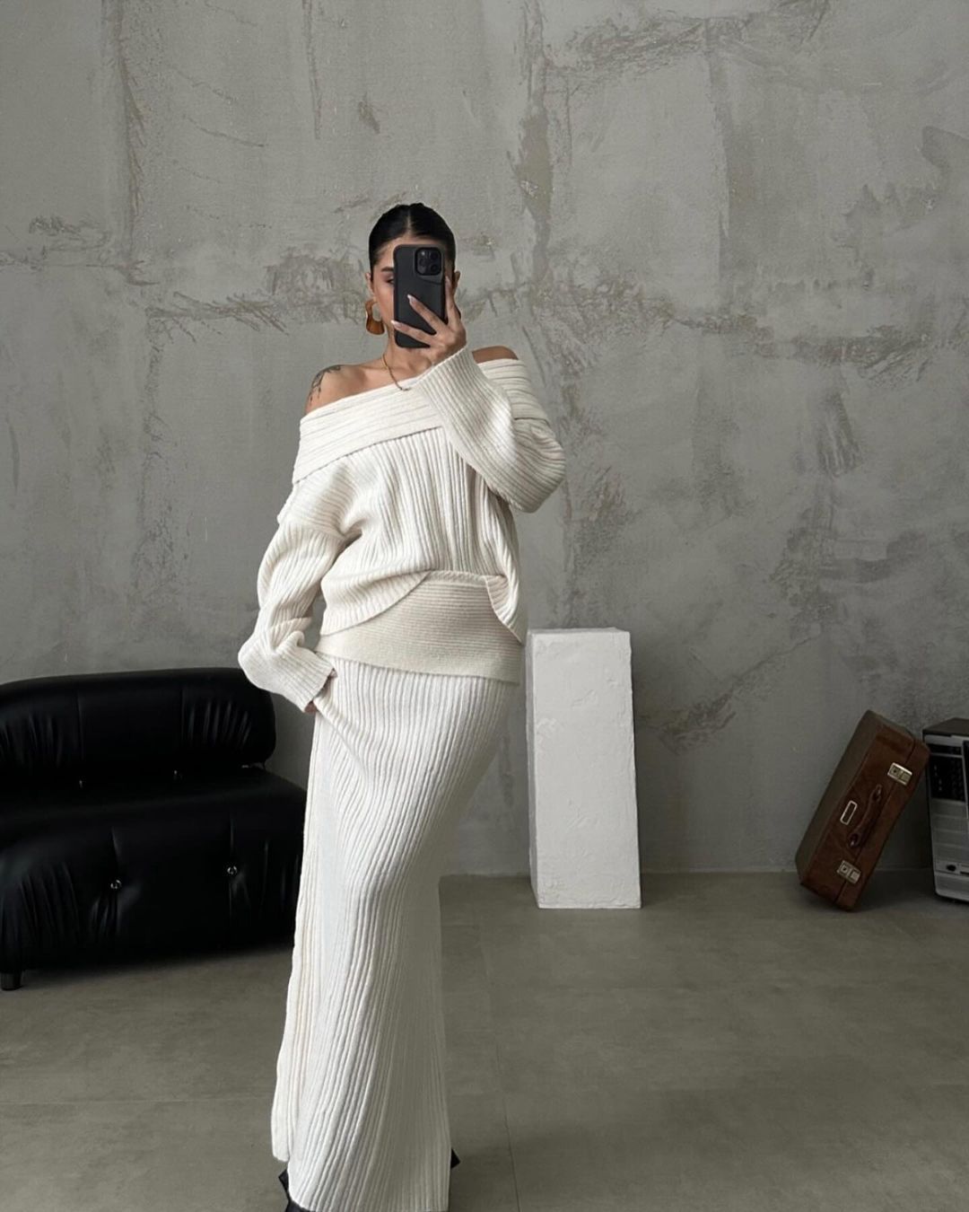 European And American Style Off-shoulder Slimming Loose Solid Color Knitted Sweater Two-piece Suit Long Sleeve