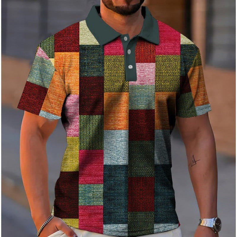 Men's Button Polo Shirt Plaid Lapel Printed Short Sleeve