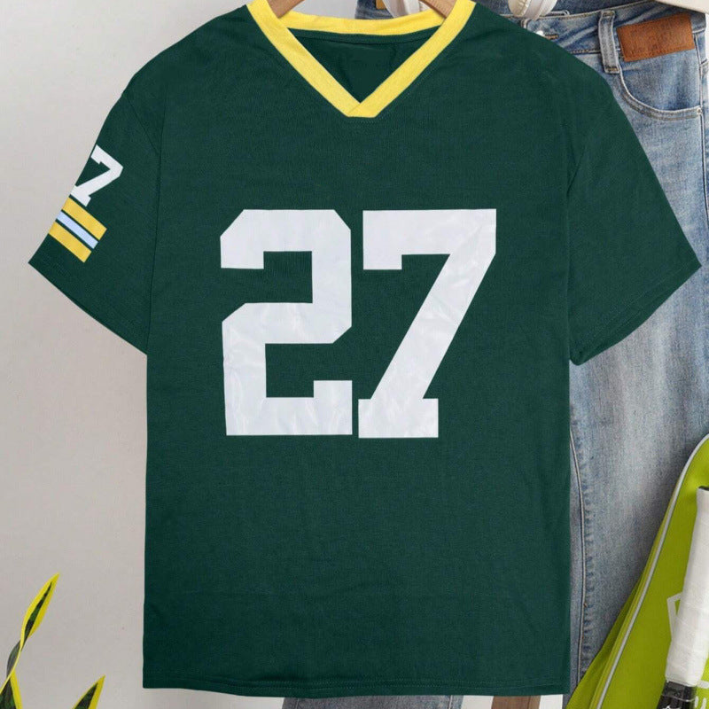 Casual Digital Printing Loose Contrast Color Short Sleeve Jersey T Shirt