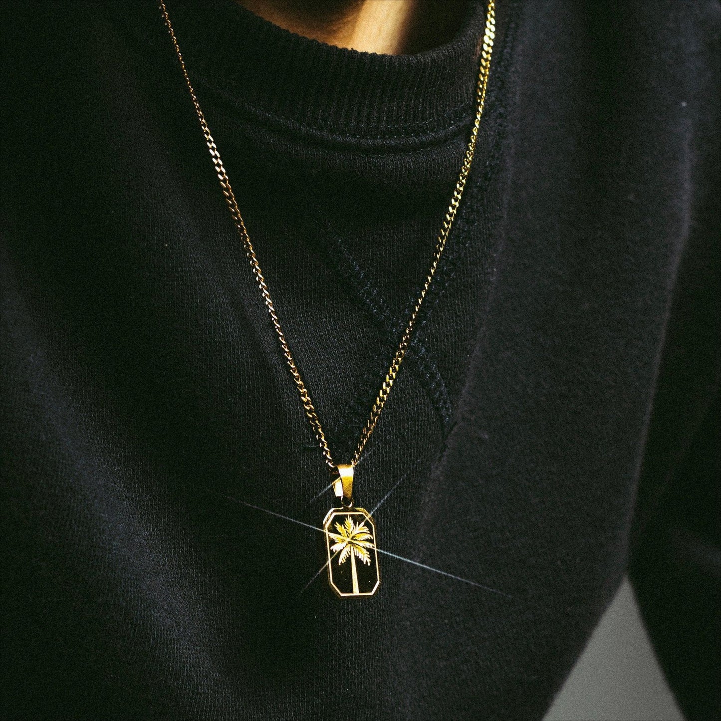 Stainless Steel Palm Leaf Square Pendant Necklace Trendy Sweater Chain