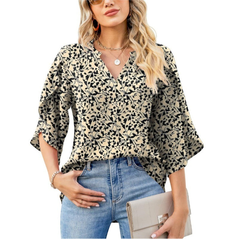 Summer And Autumn New Women's Top Loose V-neck Petal Sleeve Chiffon Printed Women's Shirt
