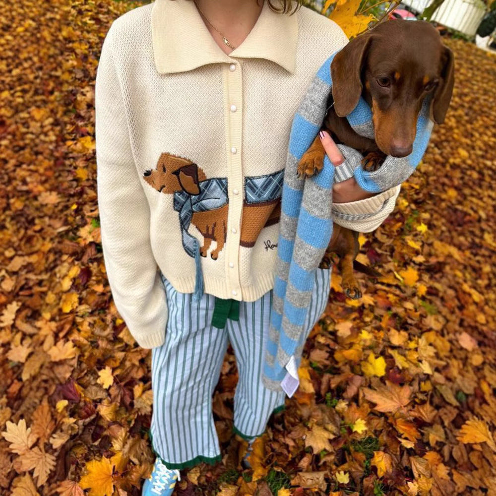 Women's Cute Short Lapels Puppy Sweater