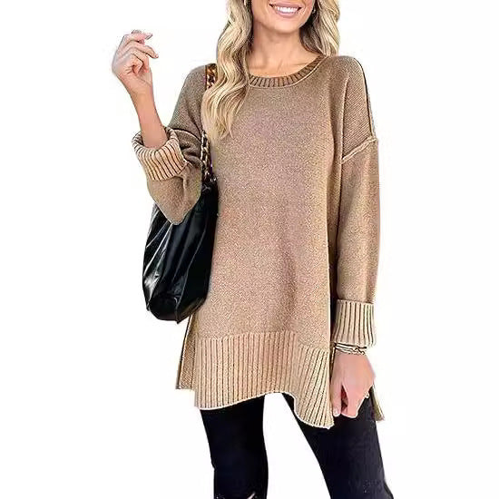 Women's Sweater Round Neck Side Slit Pullover