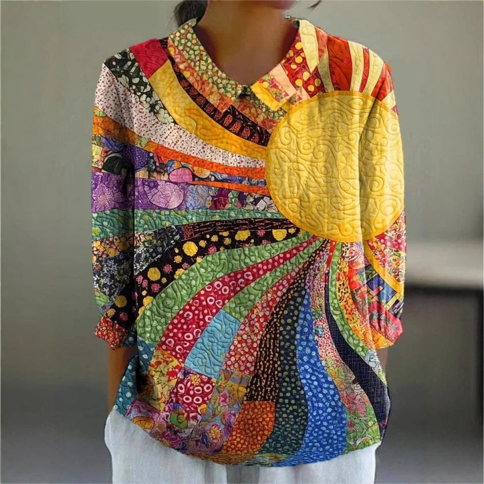 Women's Flower Digital Printed 34 Sleeves Shirt Top T-shirt Batch