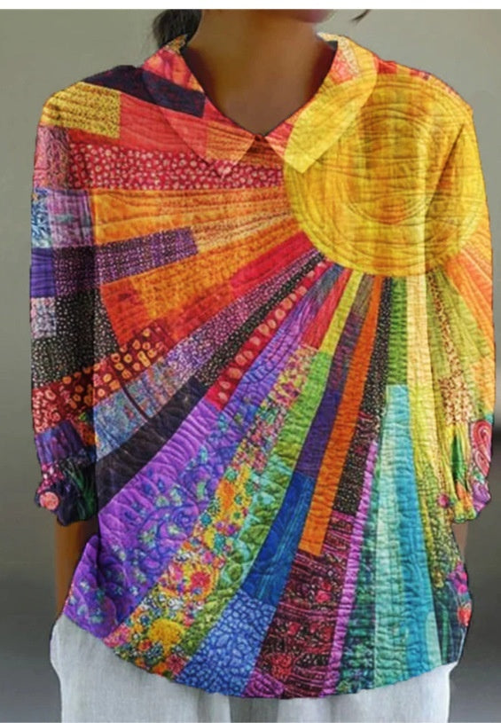 Women's Flower Digital Printed 34 Sleeves Shirt Top T-shirt Batch