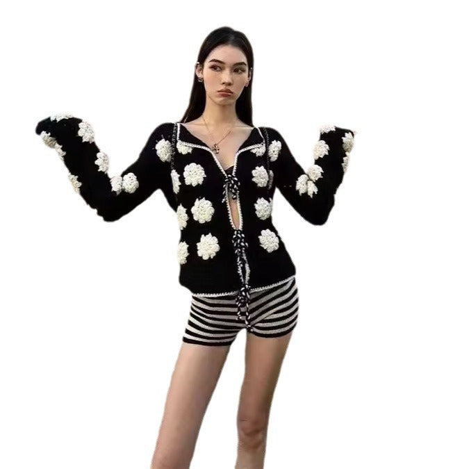 Women's French-style High-grade Heavy-duty Three-dimensional Crocheted Knitted Cardigan