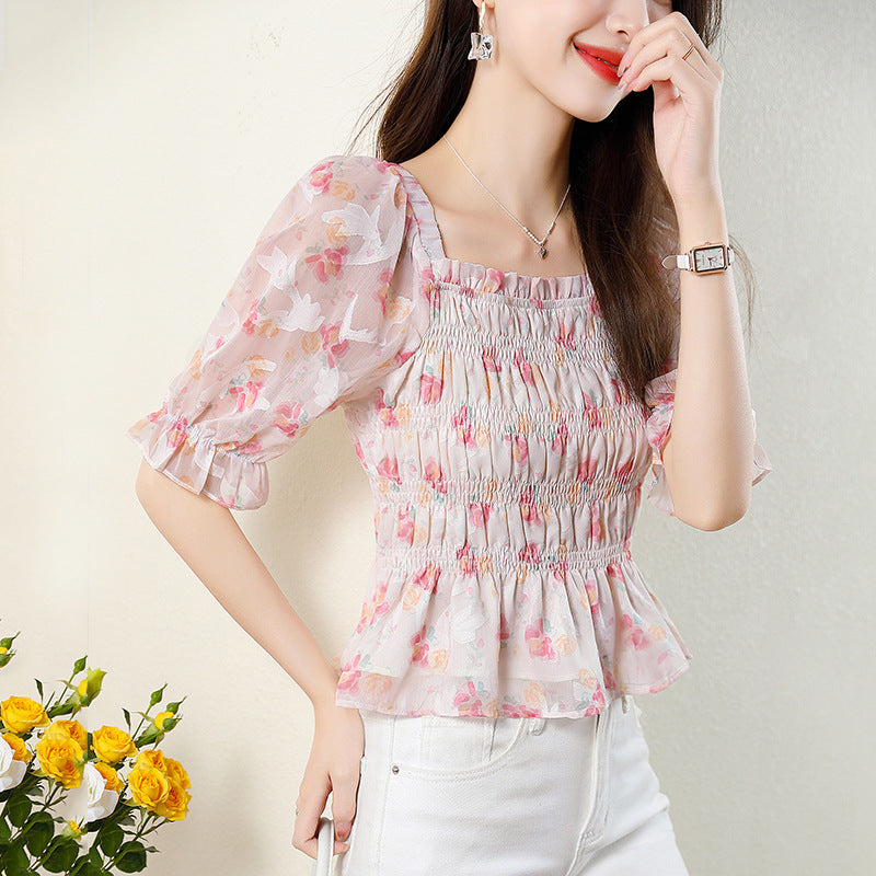 Women's French-style Square Collar Floral Shirt