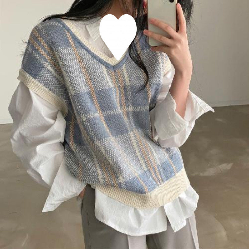 Autumn And Winter Plus Size Plaid Knitted Vest Sweater