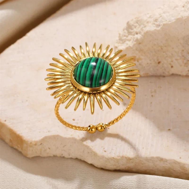 Stainless Steel Green Natural Stone Ring For Women Vintage