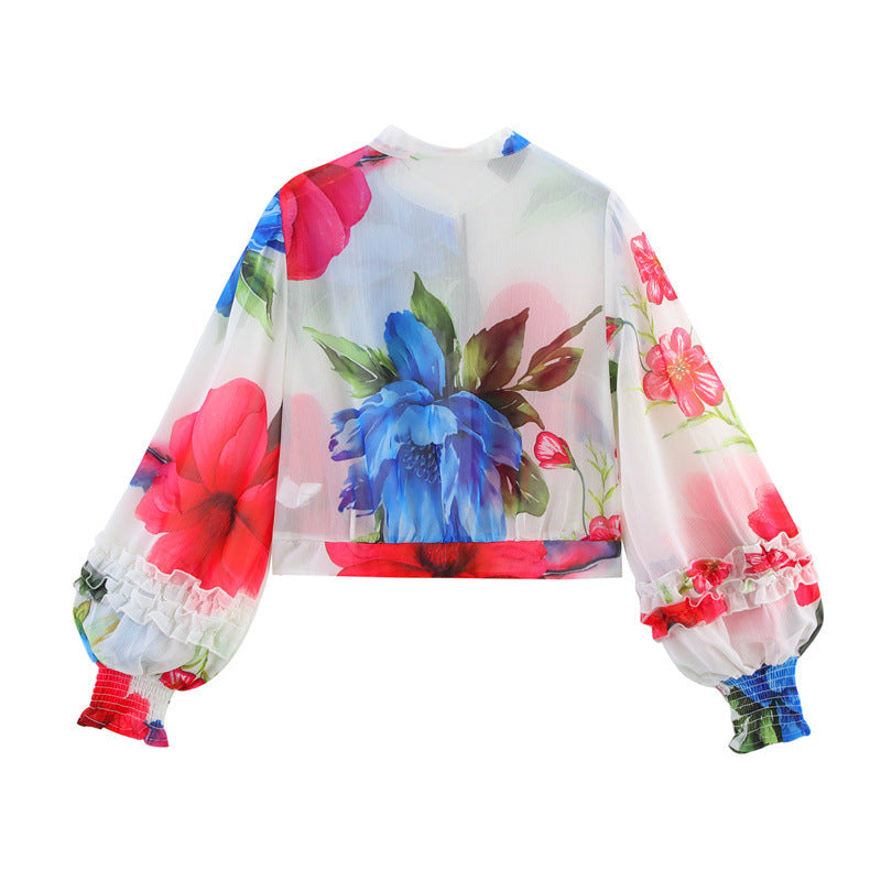 Wooden Ear Decorative Long Sleeve Chiffon Printed Shirt