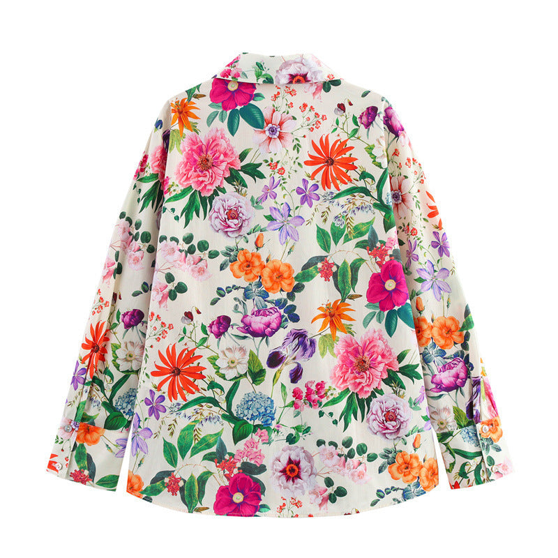 Women's All-match Floral Printing Lapel Single-breasted Long Sleeve Shirt