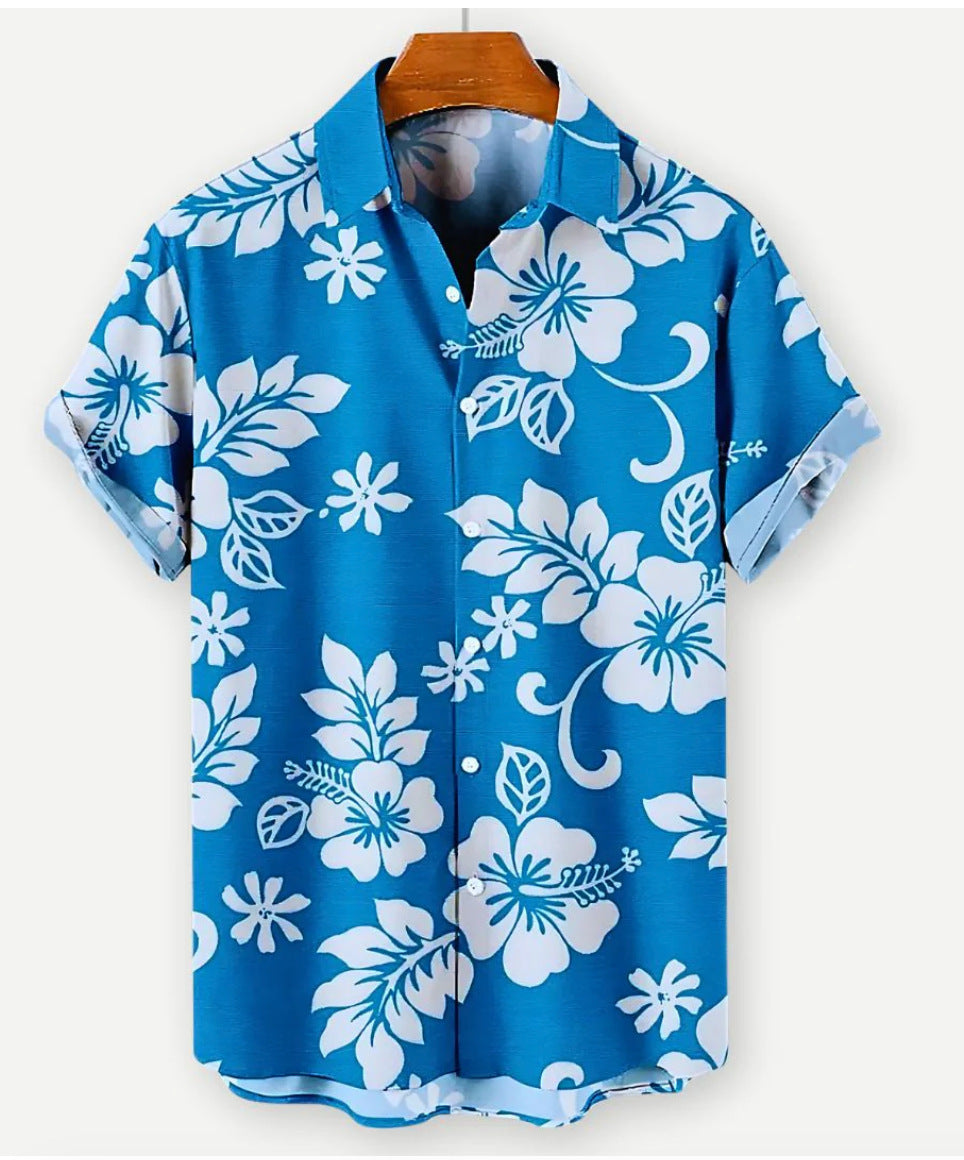 European And American Hawaiian Casual Floral Print Men's Lapel Shirt Short Sleeve