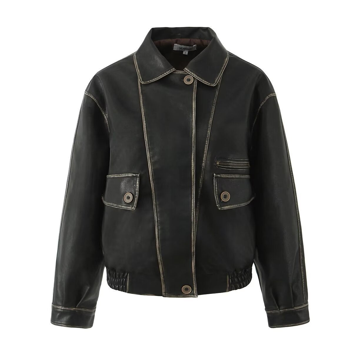 American Retro Asymmetric Colored Leather Distressed Casual Polo Collar Short PU Leather Jacket