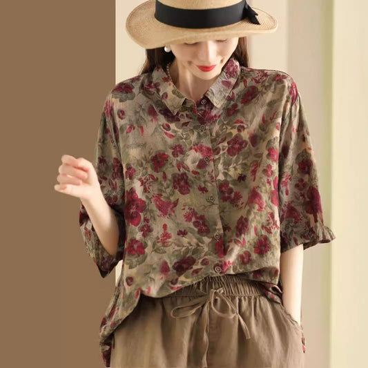 Retro Fried Color Printing Cotton Linen Shirt