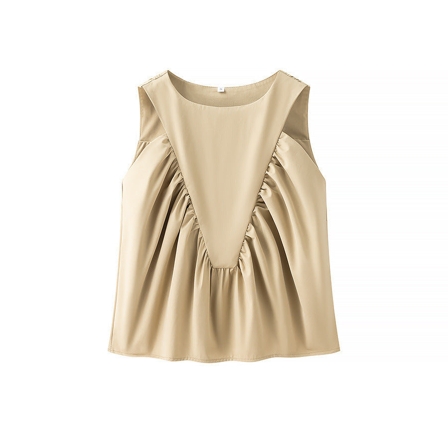 Pleated Decorative Vest Women's Solid Color Round Neck Sleeveless Pullover
