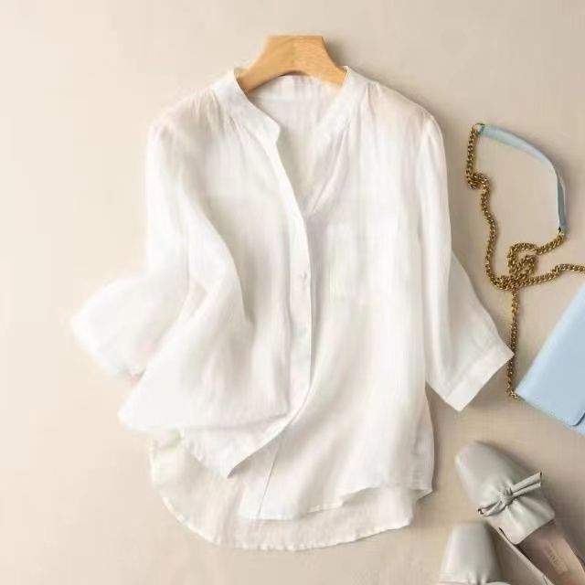 Temperament Leisure Style Artistic Retro Solid Color Summer Thin Cotton And Linen Shirt
