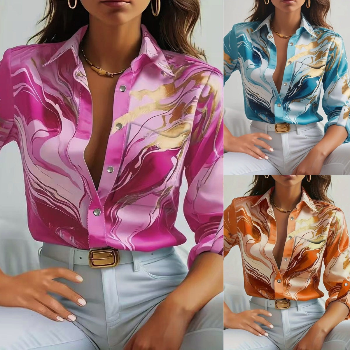 Season Fashion Casual Loose Button Long Sleeve Printed Shirt For Women