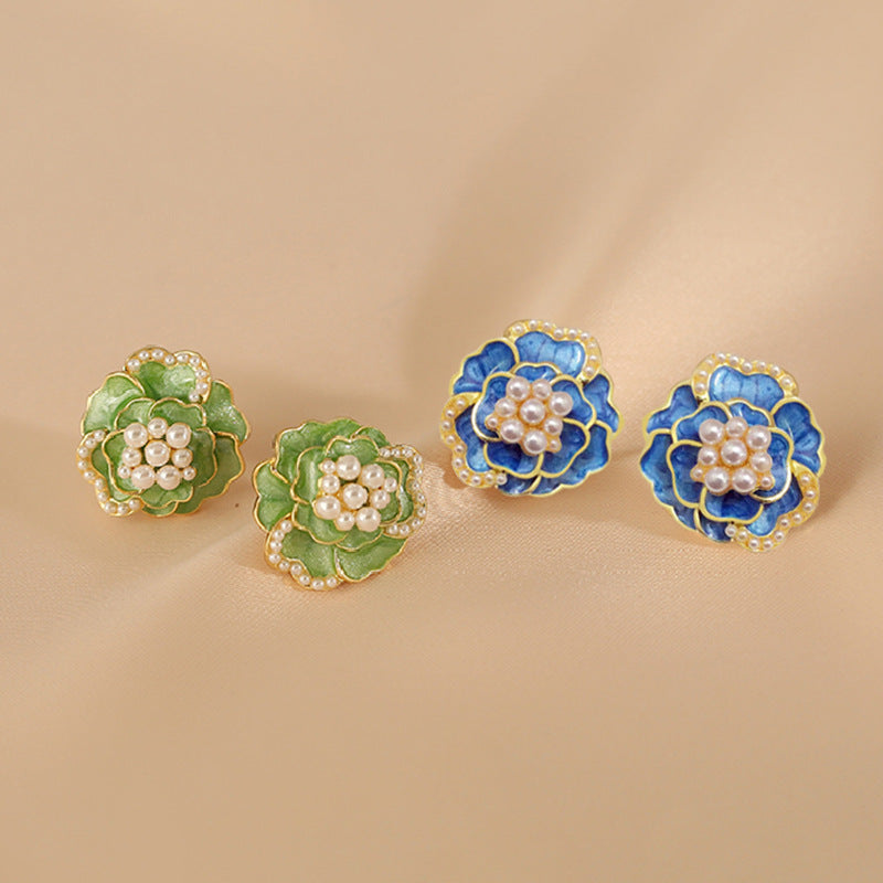 Sterling Silver Needle High-grade Temperament Camellia Pearl Ear Studs