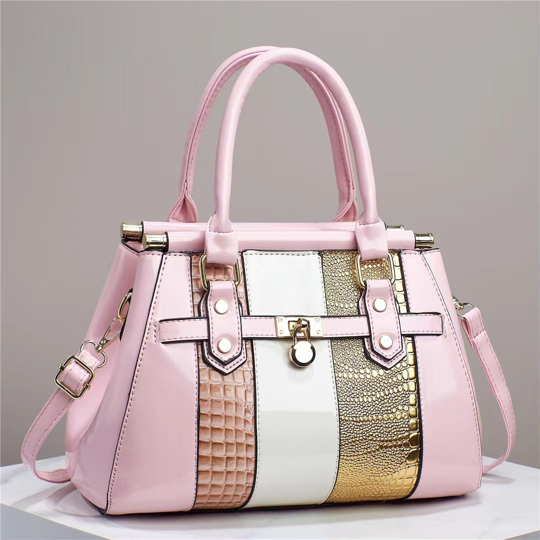 Vertical Stitching Bright Leather Lizard Pattern Large Capacity Shoulder Bag