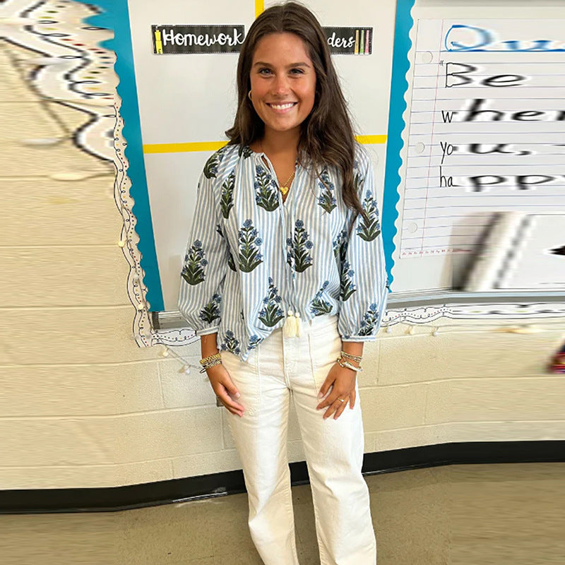 Flower Printed Long-sleeved Top Women's Spring