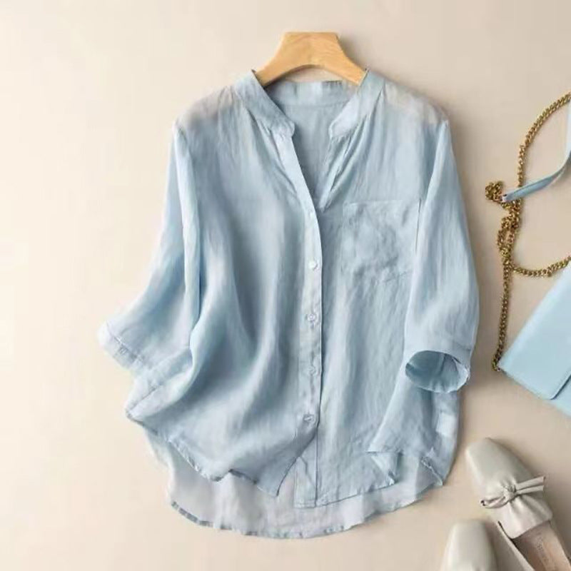 Temperament Leisure Style Artistic Retro Solid Color Summer Thin Cotton And Linen Shirt