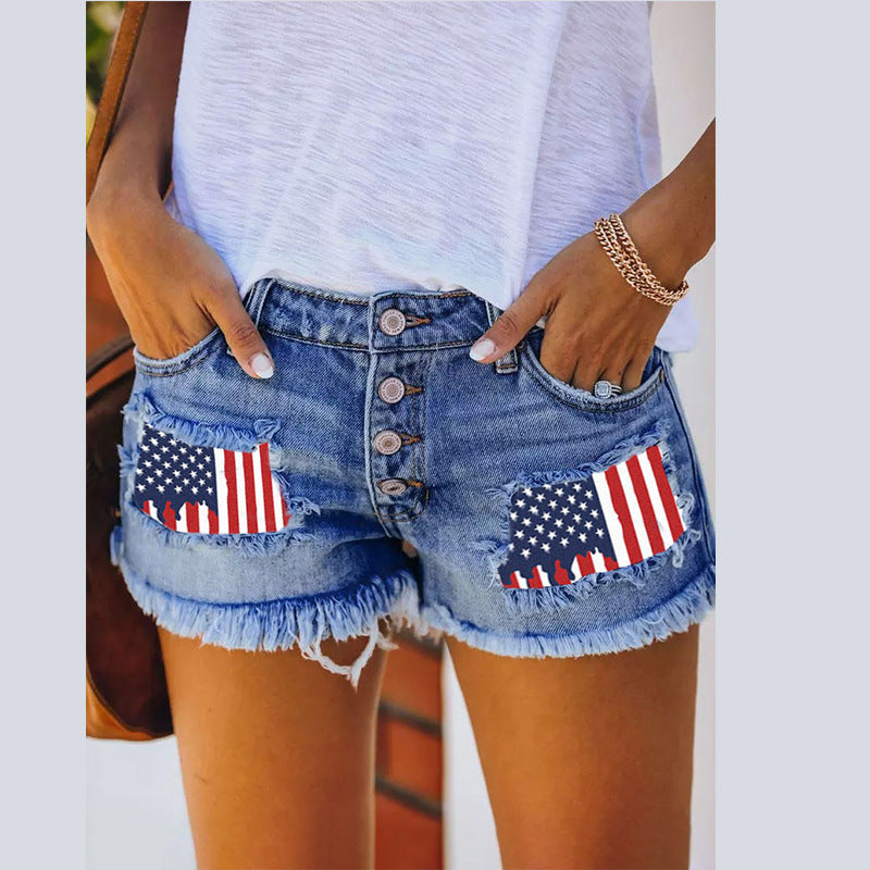 European And American Leisure Ripped Print Patch Tassel Denim Straight Shorts Female