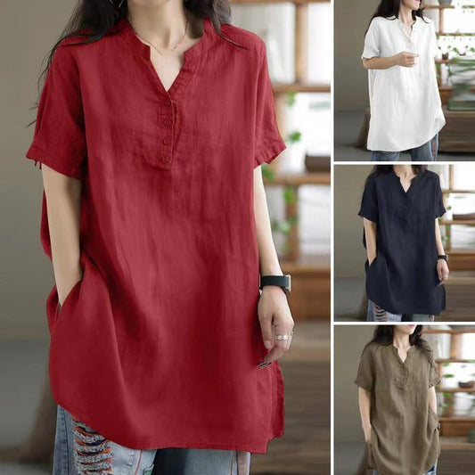 Loose Plump Girls Button Fashion V-neck Short Sleeve Solid Color T-shirt